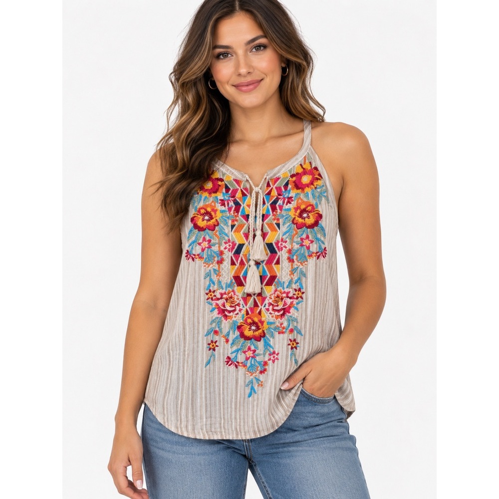 Savanna Jane Tank Top Womens Small Tan Boho Embroidered Tassel Cotton EUC